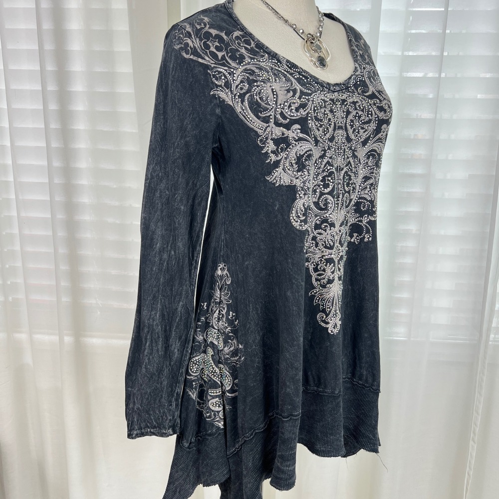 Vocal Womens XL Black Acid Wash Rhinestone Tunic Top whimsi dark fairy grunge - Picture 3 of 8